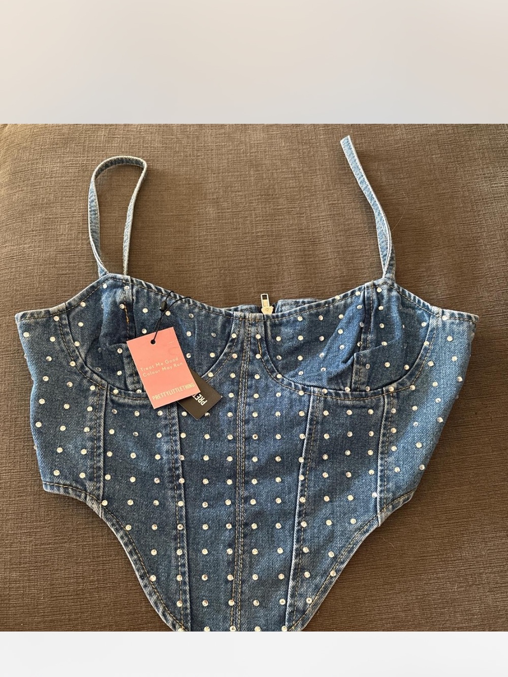 PrettyLittleThing Blue Denim Pearl-Embellished Corset Top